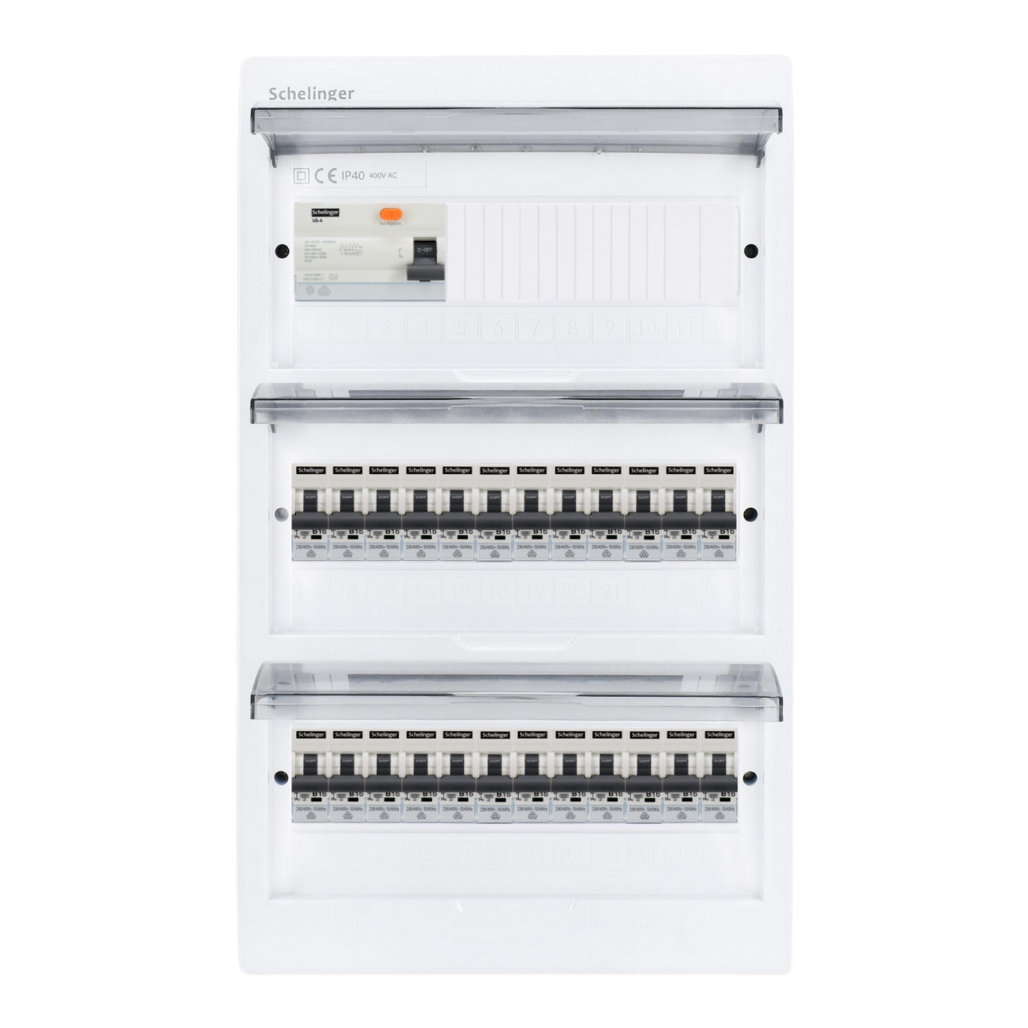 Sicherungskasten,3,4,5 Reihig, Aufputz, Unterputz, Hohlwand, verdrahtet, VDE 1 x FI 40A/30mA + 24 x 1P LS B16