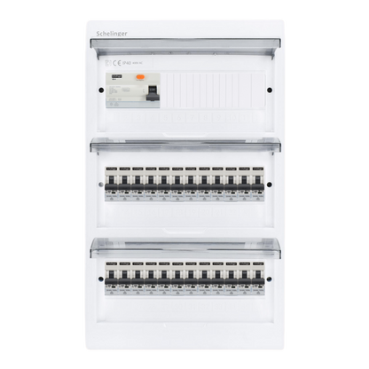 Sicherungskasten,3,4,5 Reihig, Aufputz, Unterputz, Hohlwand, verdrahtet, VDE 1 x FI 40A/30mA + 24 x 1P LS B16