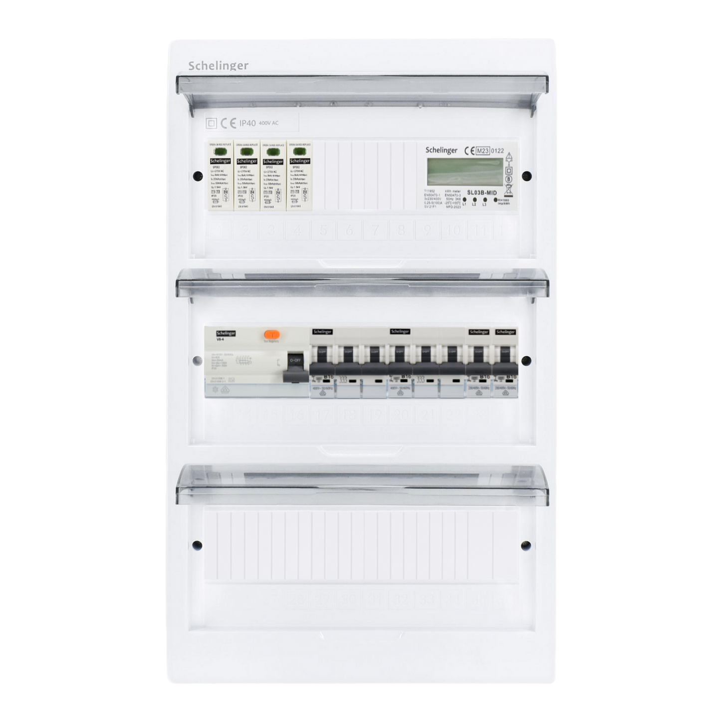 Sicherungskasten, 2,3,4,5 Reihig, Aufputz, Unterputz, Hohlwand, verdrahtet, VDE 1 x FI 40A/30mA + 2 x 3P LS B16 + 2 x 1P LS B16