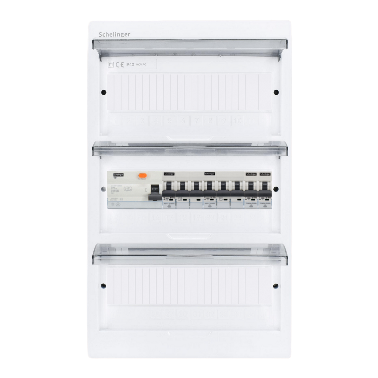 Sicherungskasten, 2,3,4,5 Reihig, Aufputz, Unterputz, Hohlwand, verdrahtet, VDE 1 x FI 40A/30mA + 2 x 3P LS B16 + 2 x 1P LS B16