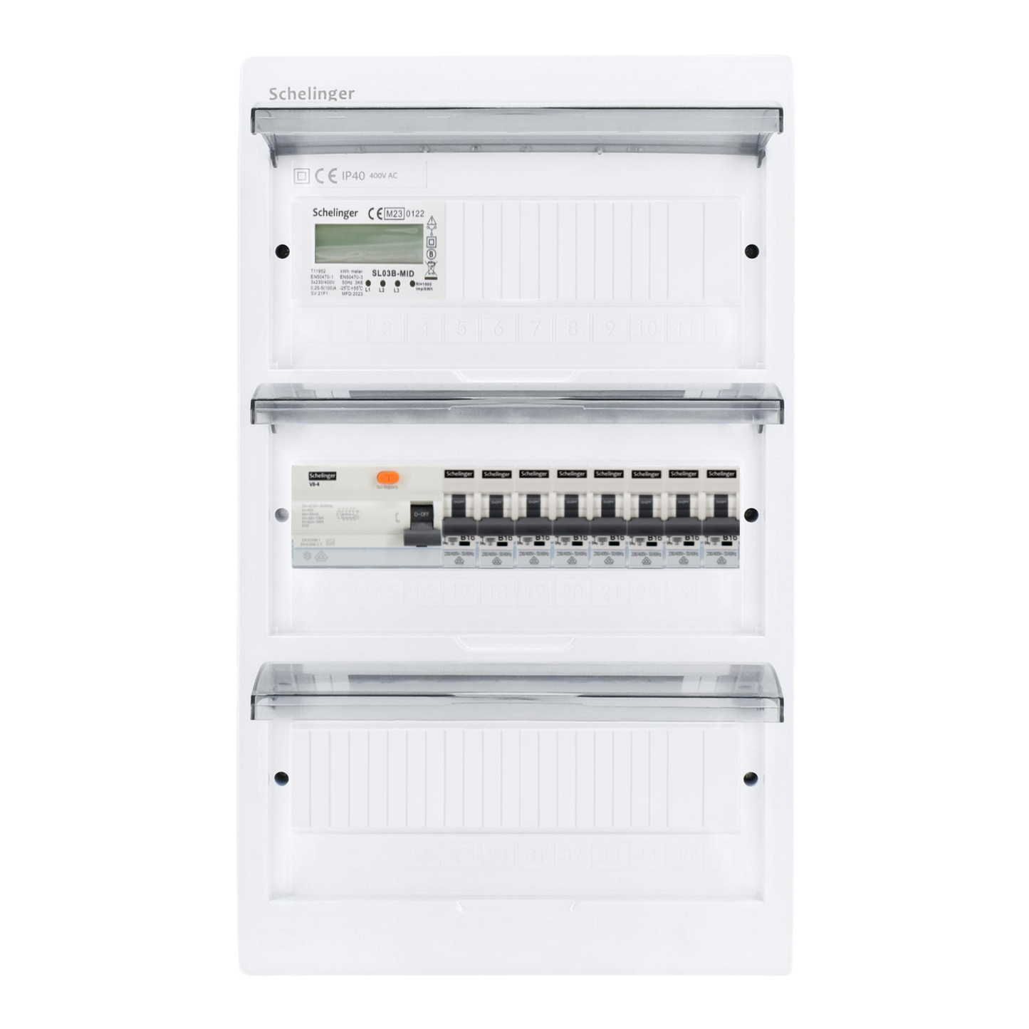 Sicherungskasten, 2,3,4,5 Reihig, Aufputz, Unterputz, Hohlwand, verdrahtet, VDE 1 x FI 40A/30mA + 8 x 1P LS B16