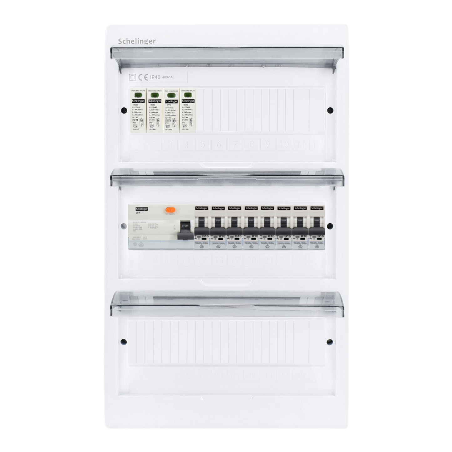 Sicherungskasten, 2,3,4,5 Reihig, Aufputz, Unterputz, Hohlwand, verdrahtet, VDE 1 x FI 40A/30mA + 8 x 1P LS B16