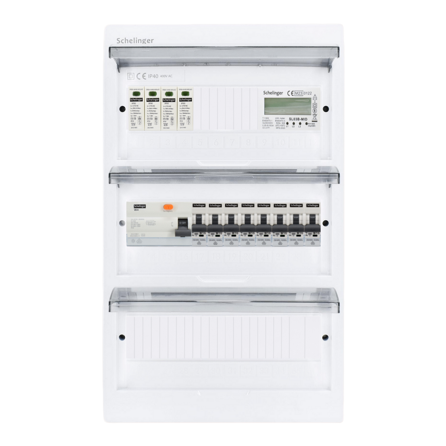 Sicherungskasten, 2,3,4,5 Reihig, Aufputz, Unterputz, Hohlwand, verdrahtet, VDE 1 x FI 40A/30mA + 8 x 1P LS B16