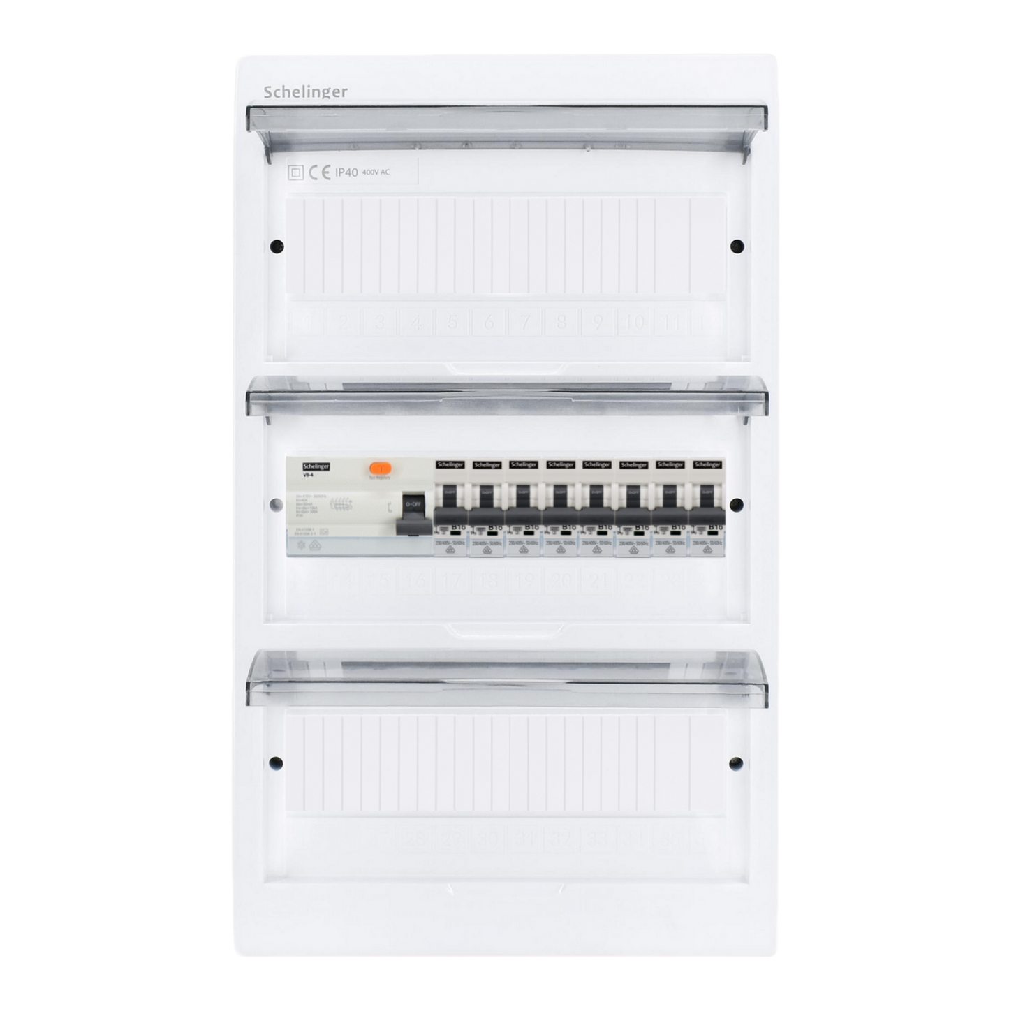Sicherungskasten, 2,3,4,5 Reihig, Aufputz, Unterputz, Hohlwand, verdrahtet, VDE 1 x FI 40A/30mA + 8 x 1P LS B16