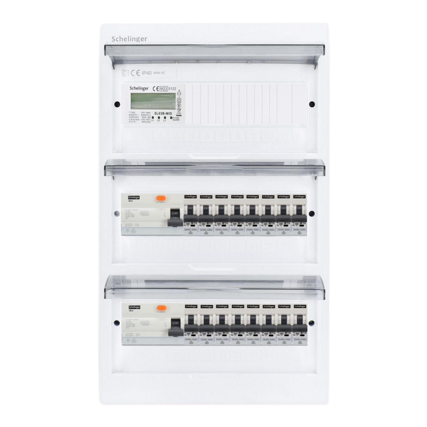 Sicherungskasten,3,4,5 Reihig, Aufputz, Unterputz, Hohlwand, verdrahtet, VDE 2 x FI 40A/30mA + 16 x 1P LS B16