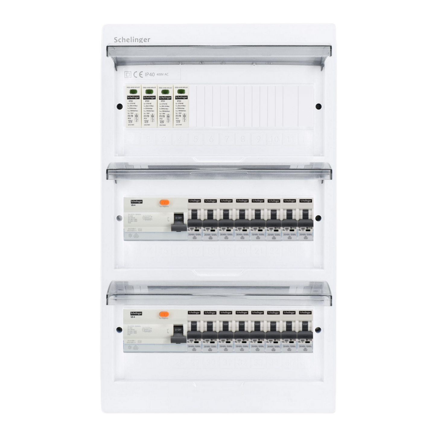 Sicherungskasten,3,4,5 Reihig, Aufputz, Unterputz, Hohlwand, verdrahtet, VDE 2 x FI 40A/30mA + 16 x 1P LS B16