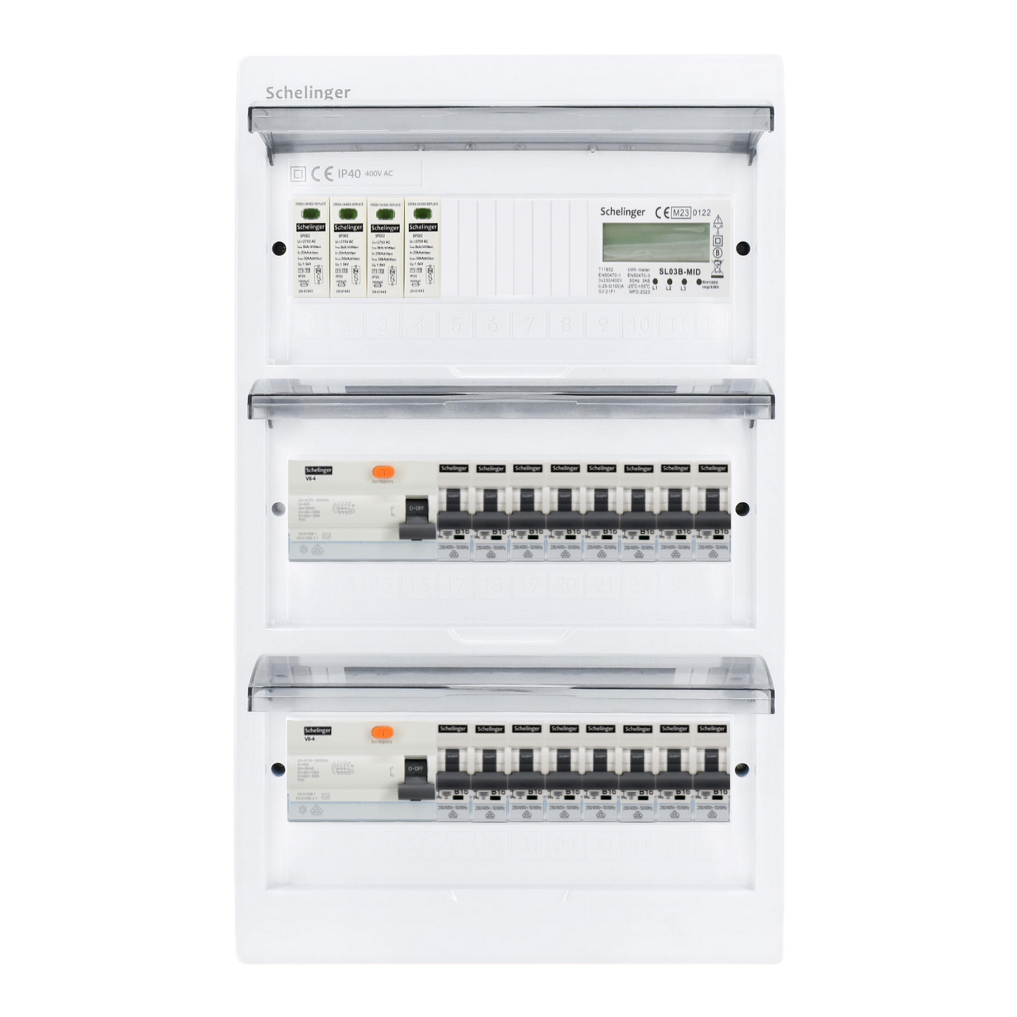 Sicherungskasten,3,4,5 Reihig, Aufputz, Unterputz, Hohlwand, verdrahtet, VDE 2 x FI 40A/30mA + 16 x 1P LS B16