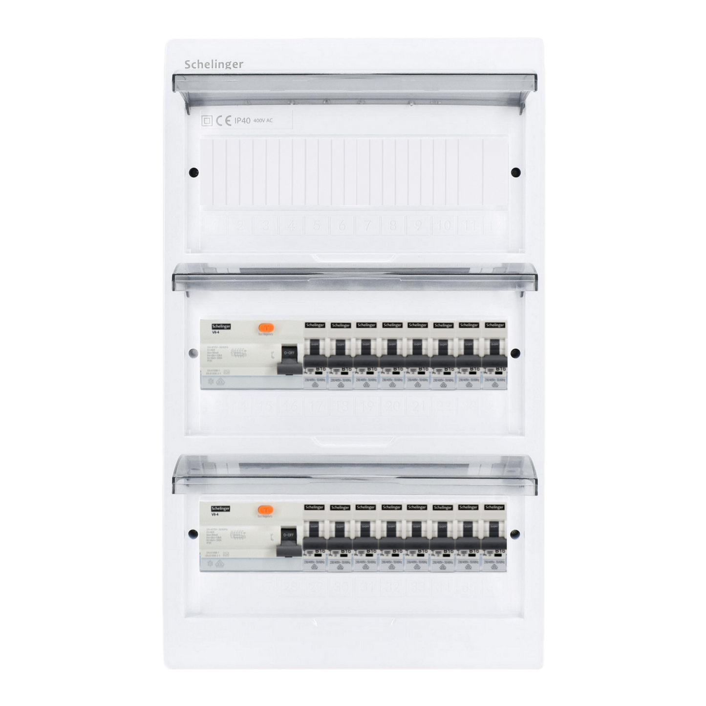 Sicherungskasten,3,4,5 Reihig, Aufputz, Unterputz, Hohlwand, verdrahtet, VDE 2 x FI 40A/30mA + 16 x 1P LS B16