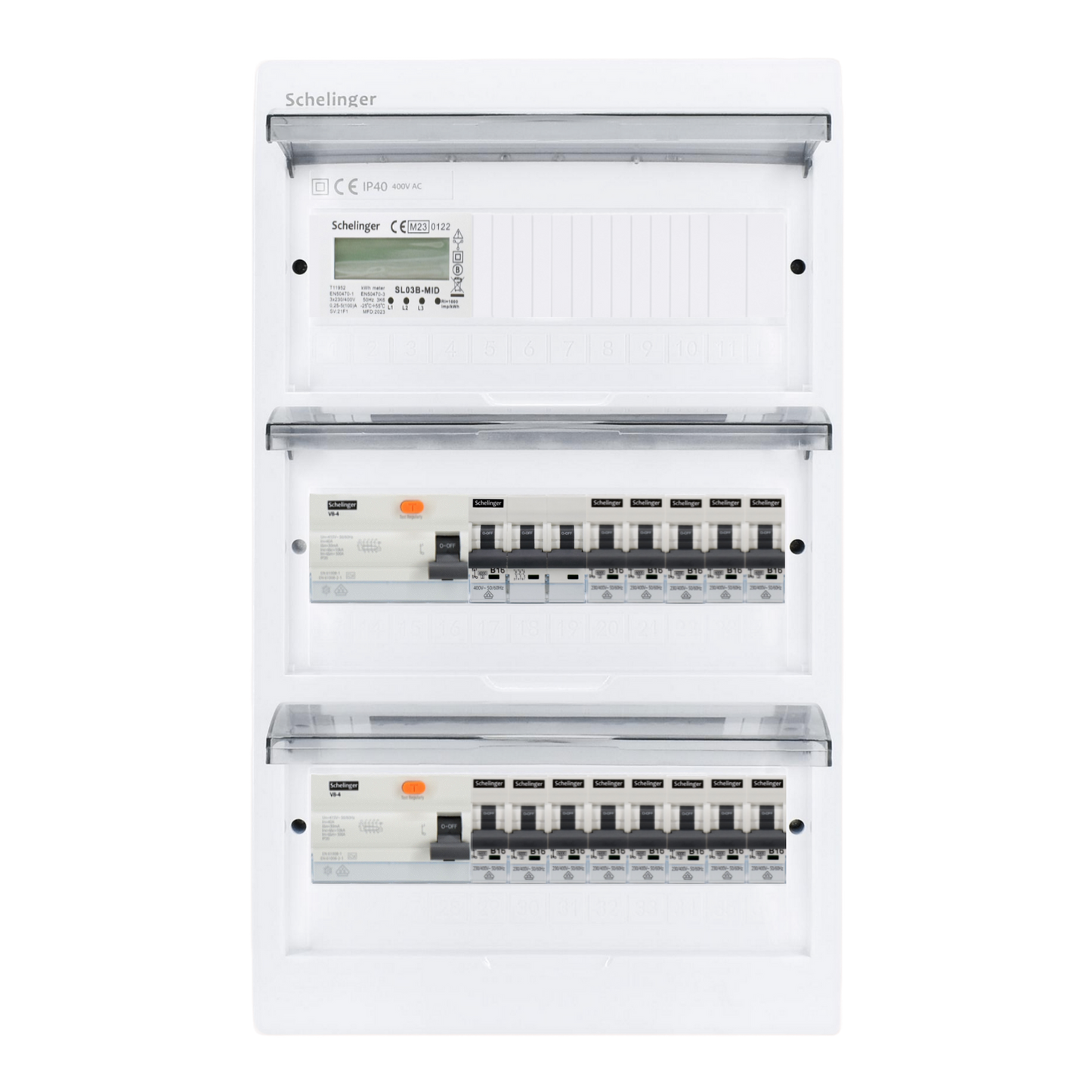 Sicherungskasten,3,4,5 Reihig, Aufputz, Unterputz, Hohlwand, verdrahtet, VDE 2 x FI 40A/30mA + 1 x 3P LS B16 + 13 x 1P LS B16