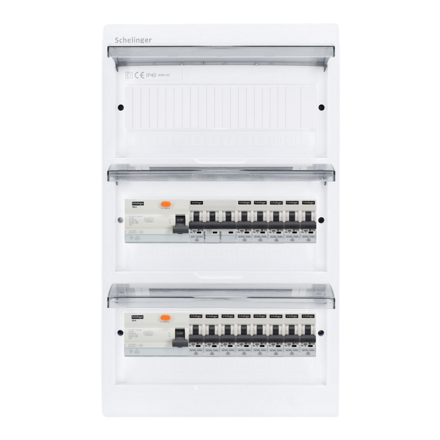 Sicherungskasten,3,4,5 Reihig, Aufputz, Unterputz, Hohlwand, verdrahtet, VDE 2 x FI 40A/30mA + 1 x 3P LS B16 + 13 x 1P LS B16
