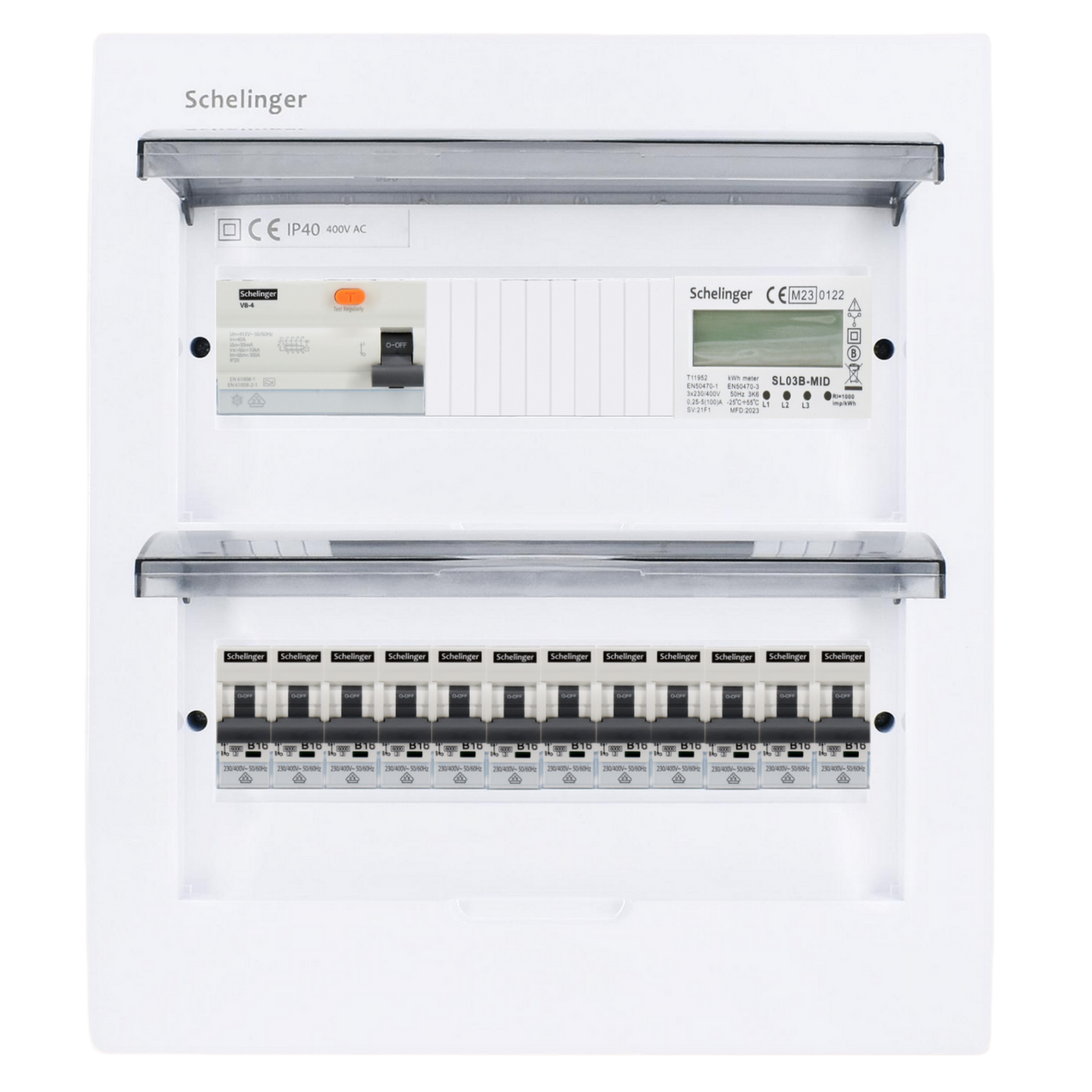 Sicherungskasten, 2,3,4,5 Reihig, Aufputz, Unterputz, Hohlwand, verdrahtet, VDE 1 x FI 40A/30mA + 12 x 1P LS B16