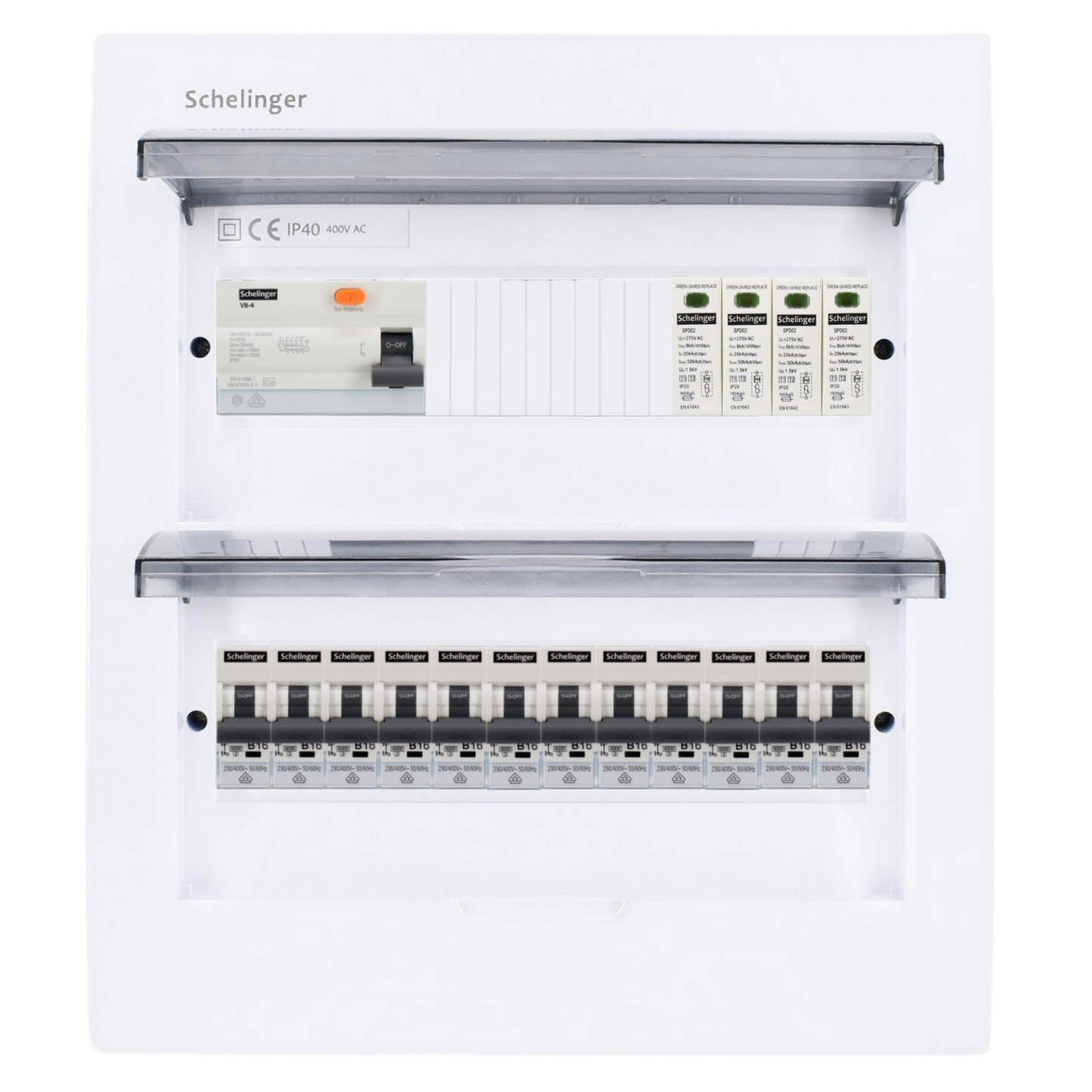 Sicherungskasten, 2,3,4,5 Reihig, Aufputz, Unterputz, Hohlwand, verdrahtet, VDE 1 x FI 40A/30mA + 12 x 1P LS B16