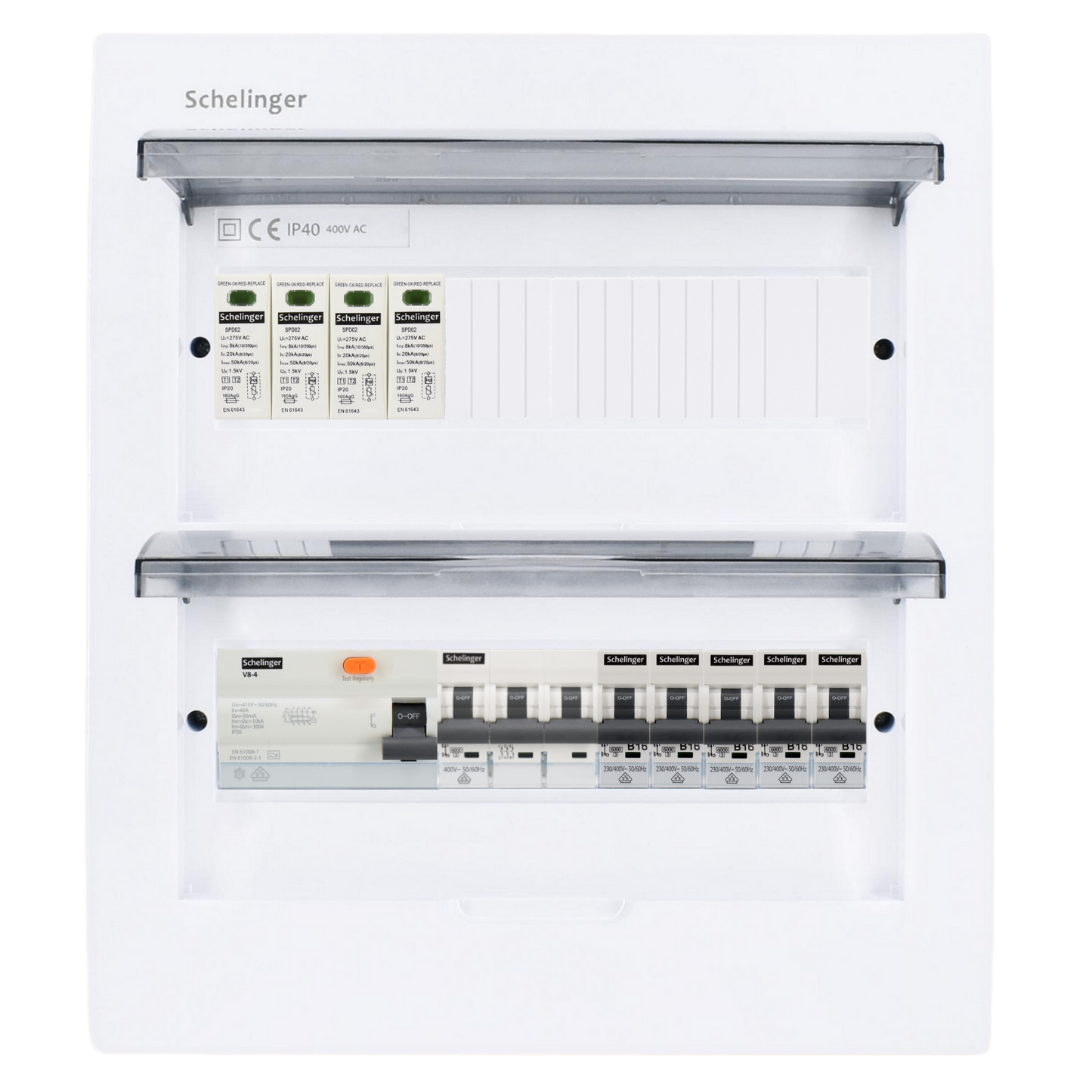 Sicherungskasten, 2,3,4,5 Reihig, Aufputz, Unterputz, Hohlwand, verdrahtet, VDE 1 x FI 40A/30mA + 1 x 3P LS B16 + 5 x 1P LS B16