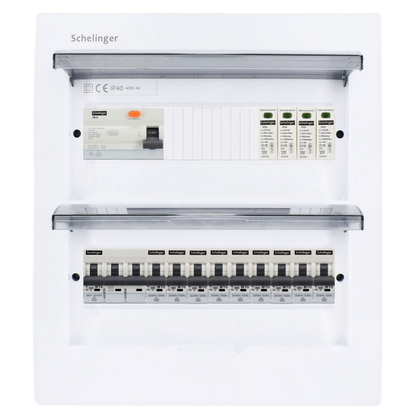 Sicherungskasten, 2,3,4,5 Reihig, Aufputz, Unterputz, Hohlwand, verdrahtet, VDE 1 x FI 40A/30mA + 1 x 3P LS B16  + 9 x 1P LS B16