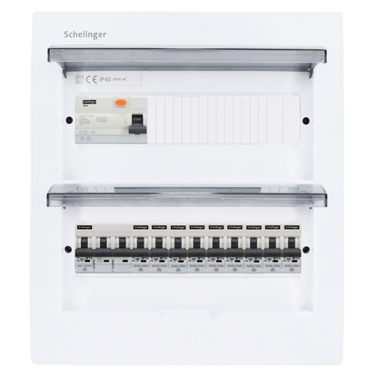 Sicherungskasten, 2,3,4,5 Reihig, Aufputz, Unterputz, Hohlwand, verdrahtet, VDE 1 x FI 40A/30mA + 1 x 3P LS B16  + 9 x 1P LS B16