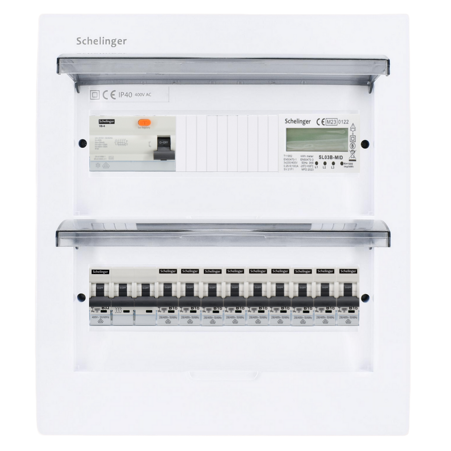 Sicherungskasten, 2,3,4,5 Reihig, Aufputz, Unterputz, Hohlwand, verdrahtet, VDE 1 x FI 40A/30mA + 1 x 3P LS B32  + 9 x 1P LS B16