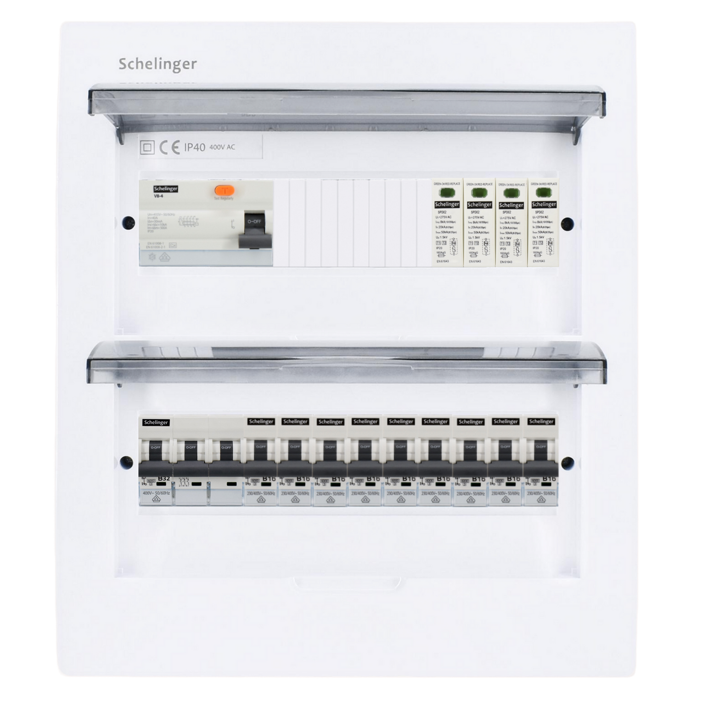 Sicherungskasten, 2,3,4,5 Reihig, Aufputz, Unterputz, Hohlwand, verdrahtet, VDE 1 x FI 40A/30mA + 1 x 3P LS B32  + 9 x 1P LS B16