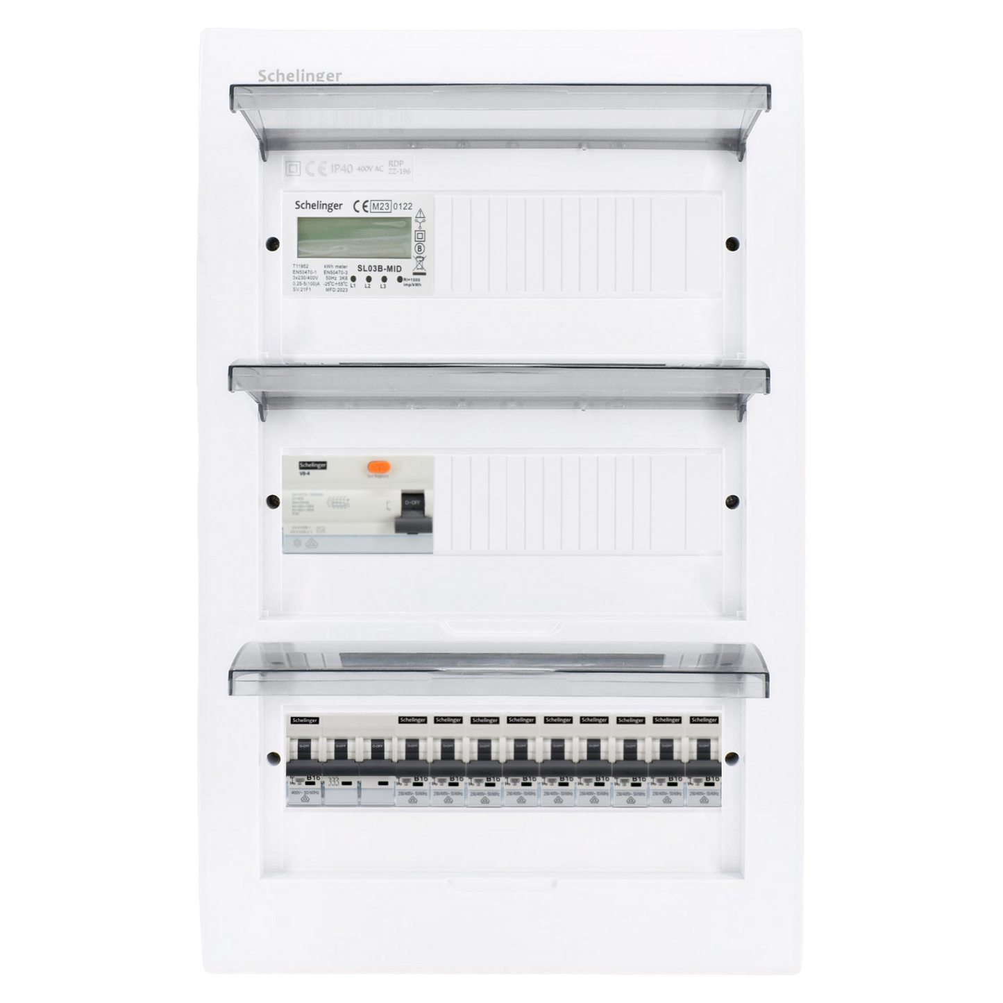 Sicherungskasten, 2,3,4,5 Reihig, Aufputz, Unterputz, Hohlwand, verdrahtet, VDE 1 x FI 40A/30mA + 1 x 3P LS B16  + 9 x 1P LS B16