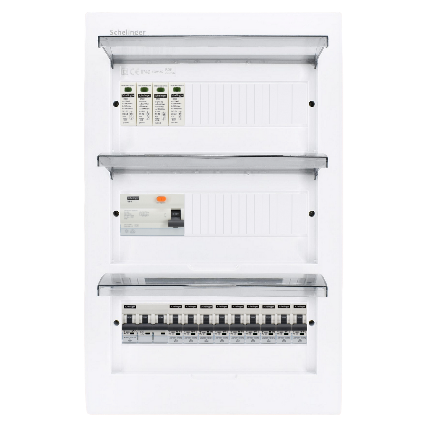 Sicherungskasten, 2,3,4,5 Reihig, Aufputz, Unterputz, Hohlwand, verdrahtet, VDE 1 x FI 40A/30mA + 1 x 3P LS B16  + 9 x 1P LS B16