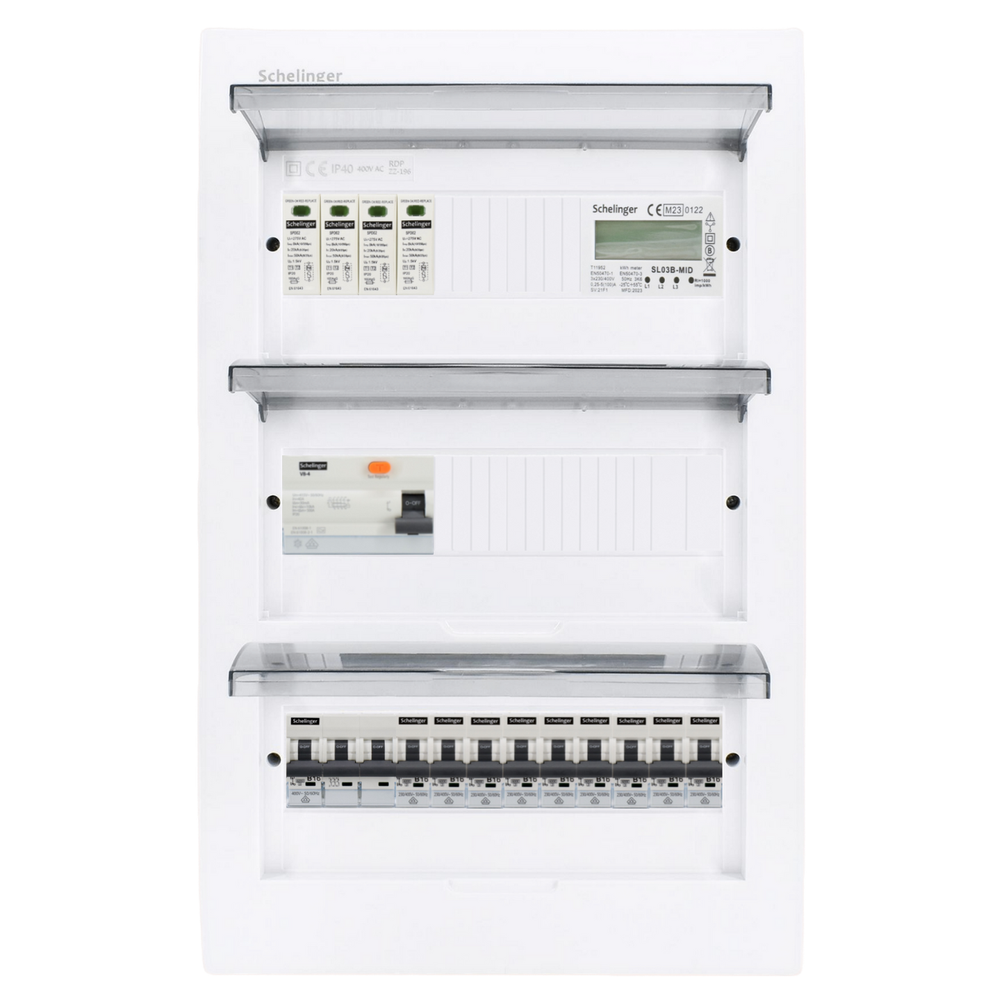 Sicherungskasten, 2,3,4,5 Reihig, Aufputz, Unterputz, Hohlwand, verdrahtet, VDE 1 x FI 40A/30mA + 1 x 3P LS B16  + 9 x 1P LS B16