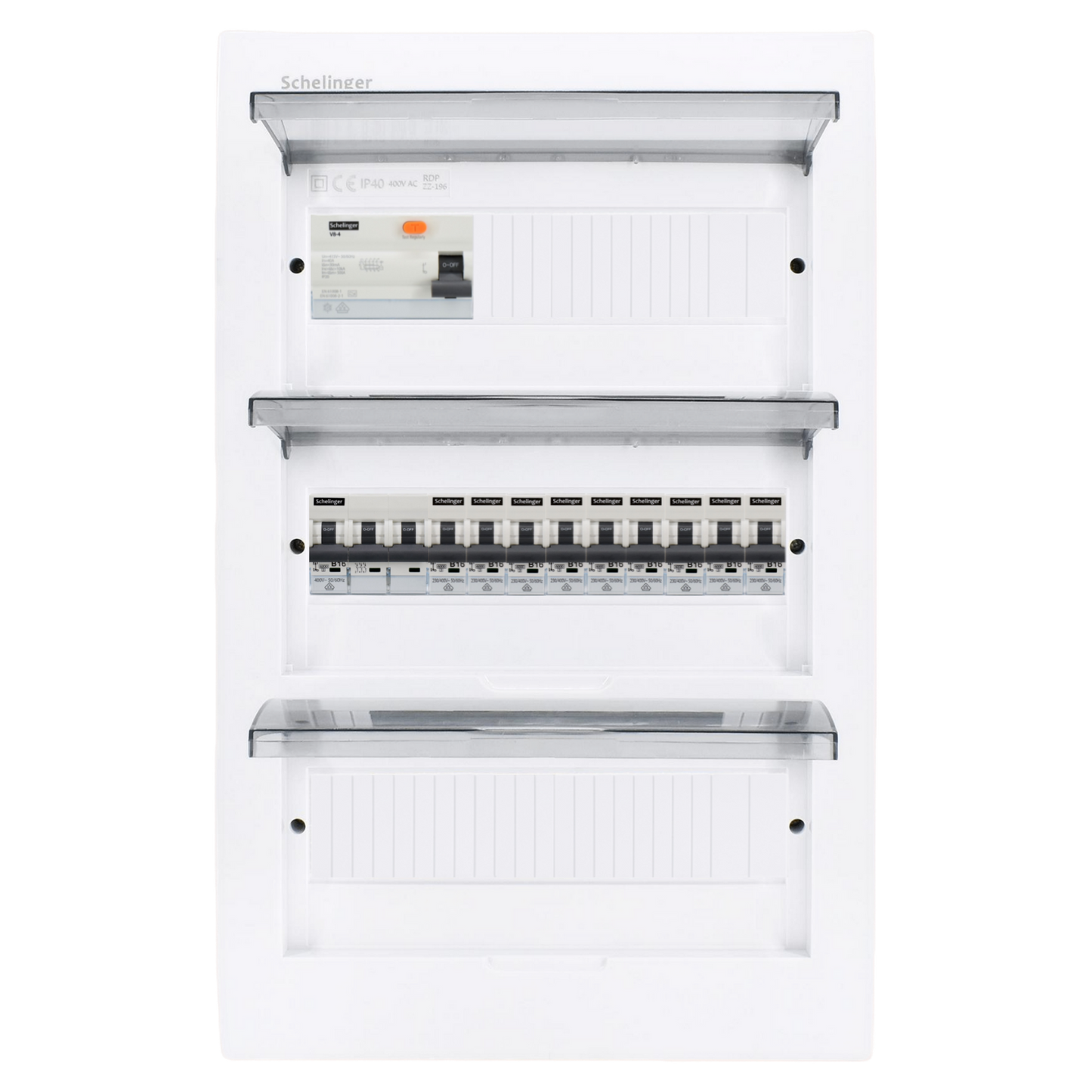 Sicherungskasten, 2,3,4,5 Reihig, Aufputz, Unterputz, Hohlwand, verdrahtet, VDE 1 x FI 40A/30mA + 1 x 3P LS B16  + 9 x 1P LS B16