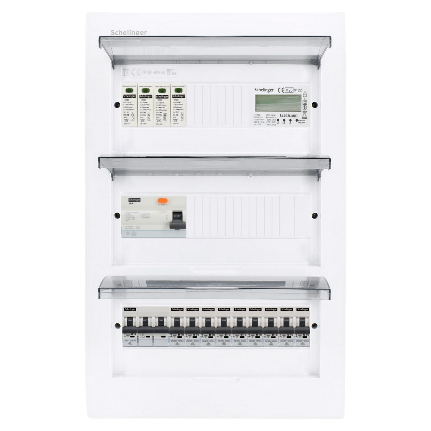 Sicherungskasten, 2,3,4,5 Reihig, Aufputz, Unterputz, Hohlwand, verdrahtet, VDE 1 x FI 40A/30mA + 1 x 3P LS B32  + 9 x 1P LS B16