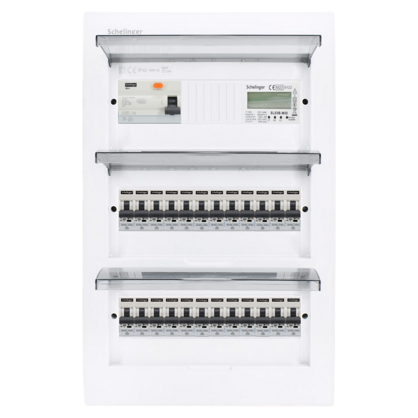 Sicherungskasten,3,4,5 Reihig, Aufputz, Unterputz, Hohlwand, verdrahtet, VDE 1 x FI 40A/30mA + 24 x 1P LS B16
