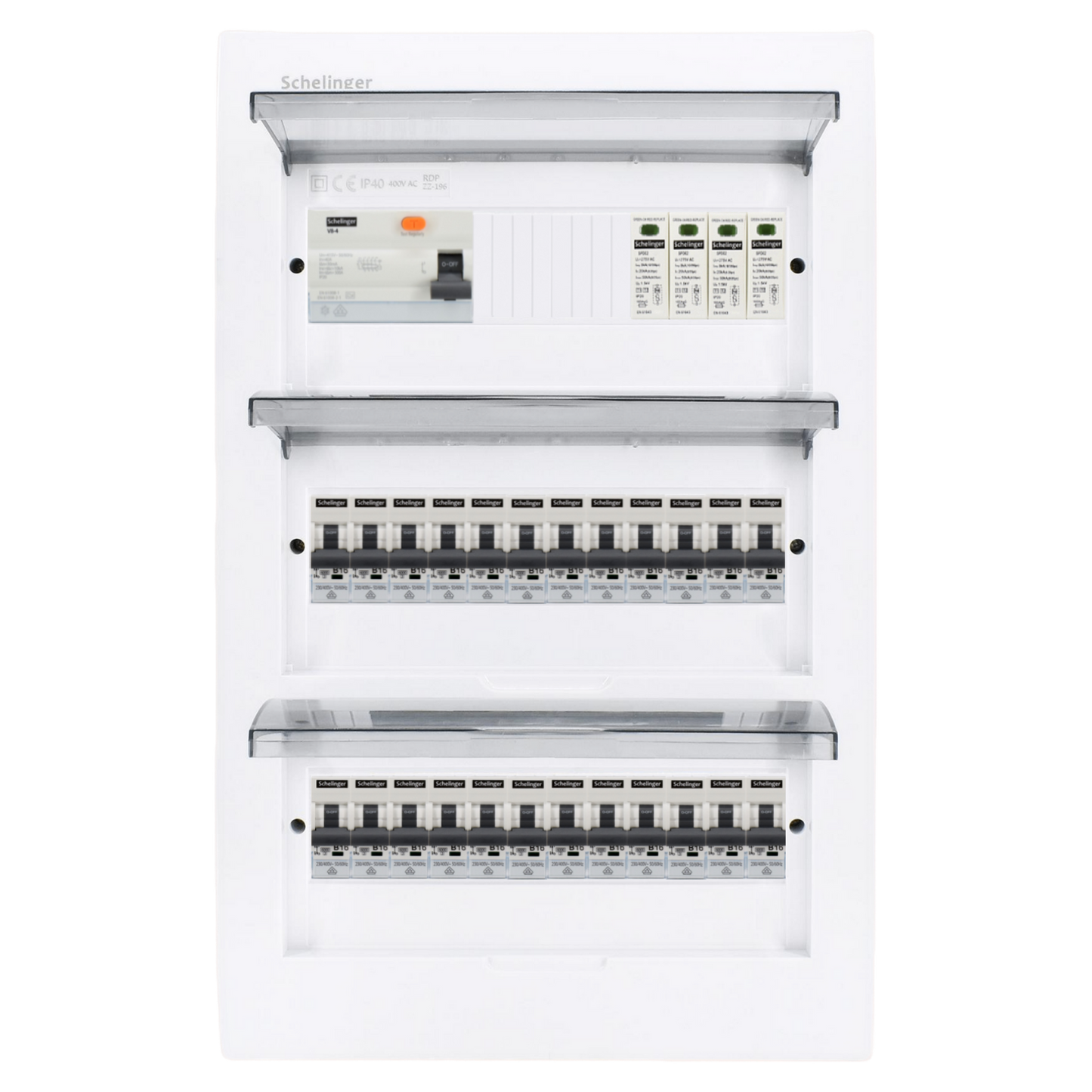 Sicherungskasten,3,4,5 Reihig, Aufputz, Unterputz, Hohlwand, verdrahtet, VDE 1 x FI 40A/30mA + 24 x 1P LS B16
