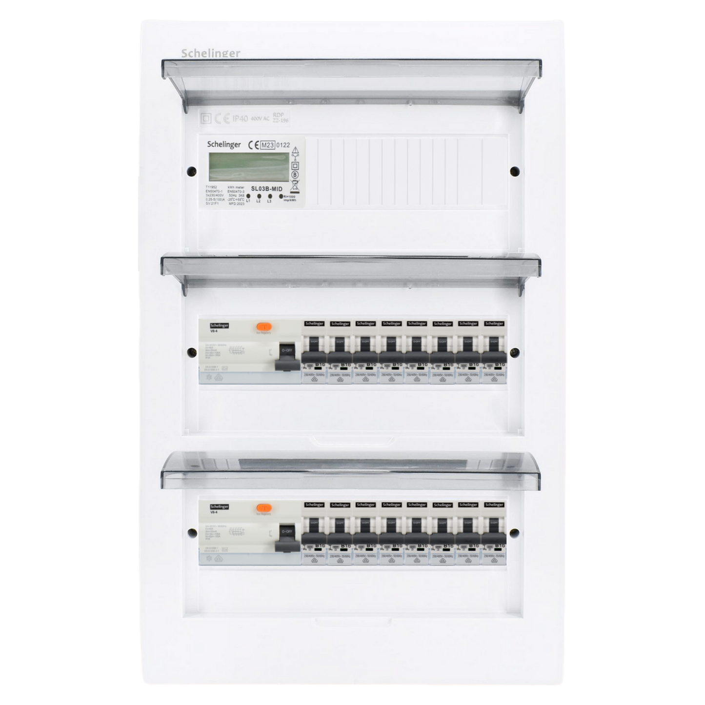 Sicherungskasten,3,4,5 Reihig, Aufputz, Unterputz, Hohlwand, verdrahtet, VDE 2 x FI 40A/30mA + 16 x 1P LS B16