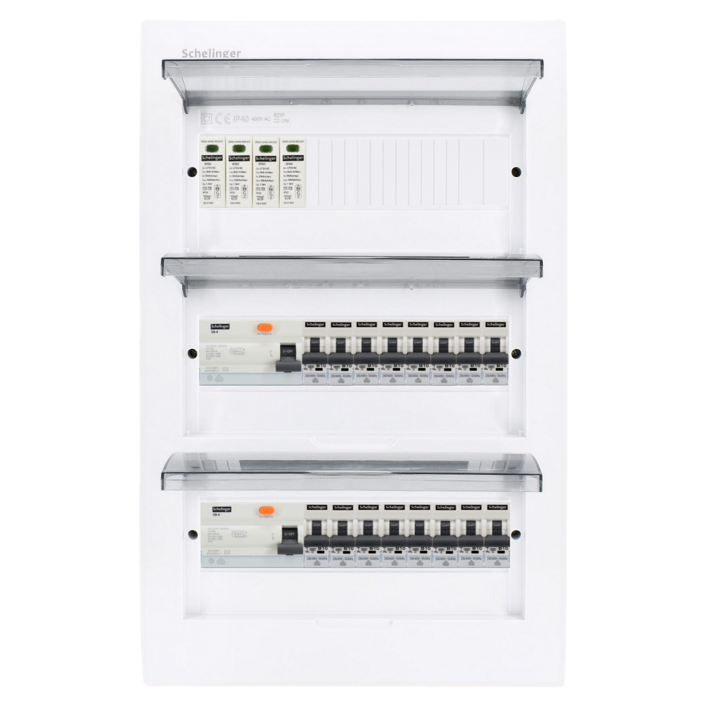 Sicherungskasten,3,4,5 Reihig, Aufputz, Unterputz, Hohlwand, verdrahtet, VDE 2 x FI 40A/30mA + 16 x 1P LS B16