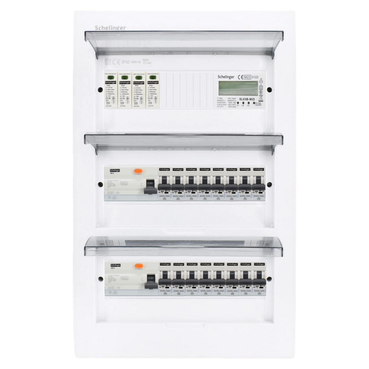 Sicherungskasten,3,4,5 Reihig, Aufputz, Unterputz, Hohlwand, verdrahtet, VDE 2 x FI 40A/30mA + 16 x 1P LS B16