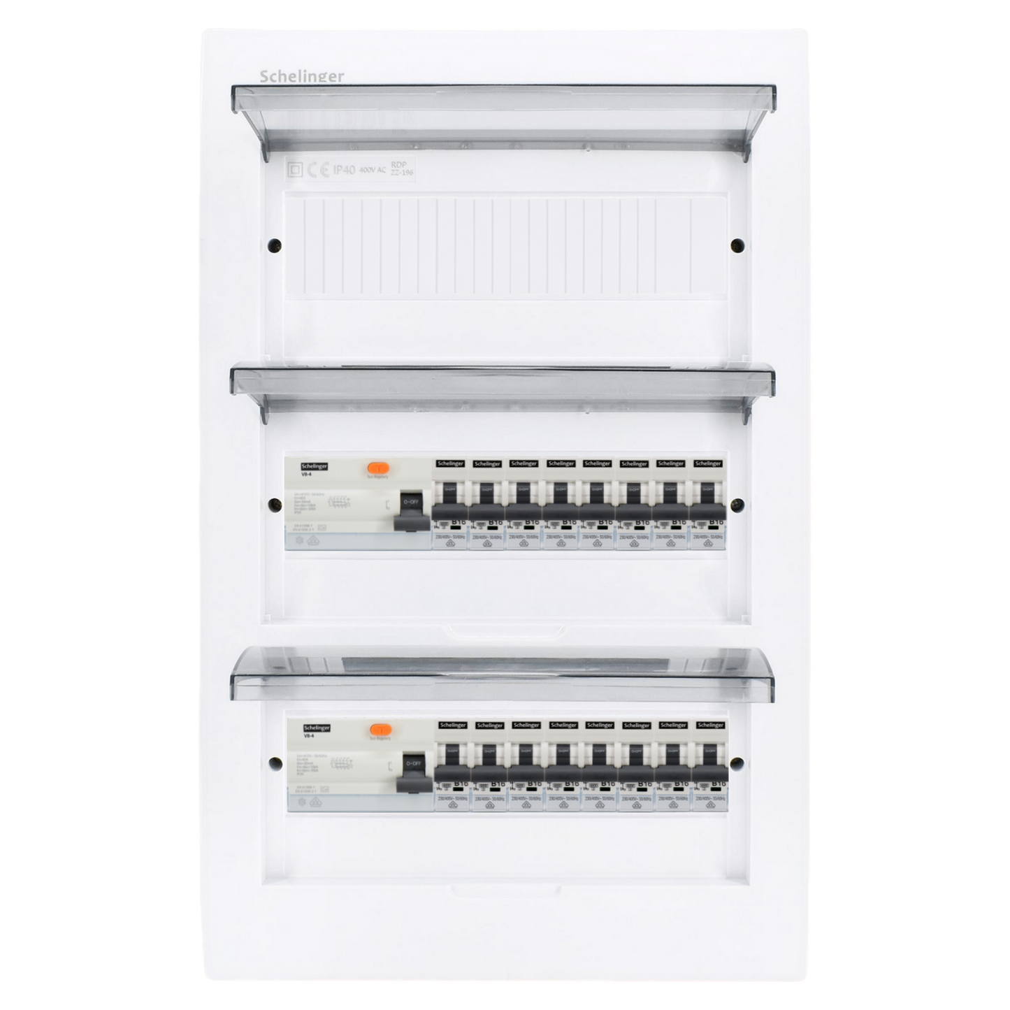 Sicherungskasten,3,4,5 Reihig, Aufputz, Unterputz, Hohlwand, verdrahtet, VDE 2 x FI 40A/30mA + 16 x 1P LS B16
