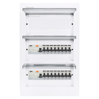 Sicherungskasten,3,4,5 Reihig, Aufputz, Unterputz, Hohlwand, verdrahtet, VDE 2 x FI 40A/30mA + 16 x 1P LS B16