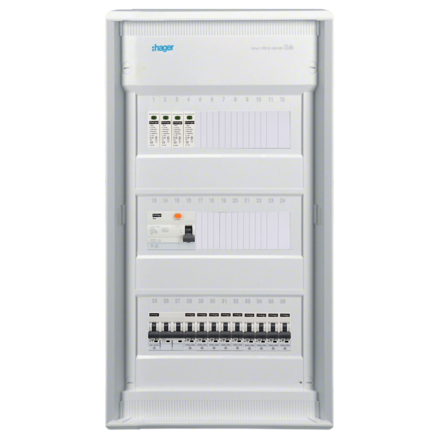 Sicherungskasten, 2,3,4,5 Reihig, Aufputz, Unterputz, Hohlwand, verdrahtet, VDE 1 x FI 40A/30mA + 1 x 3P LS B32  + 9 x 1P LS B16