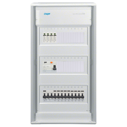 Sicherungskasten, 2,3,4,5 Reihig, Aufputz, Unterputz, Hohlwand, verdrahtet, VDE 1 x FI 40A/30mA + 1 x 3P LS B32  + 9 x 1P LS B16