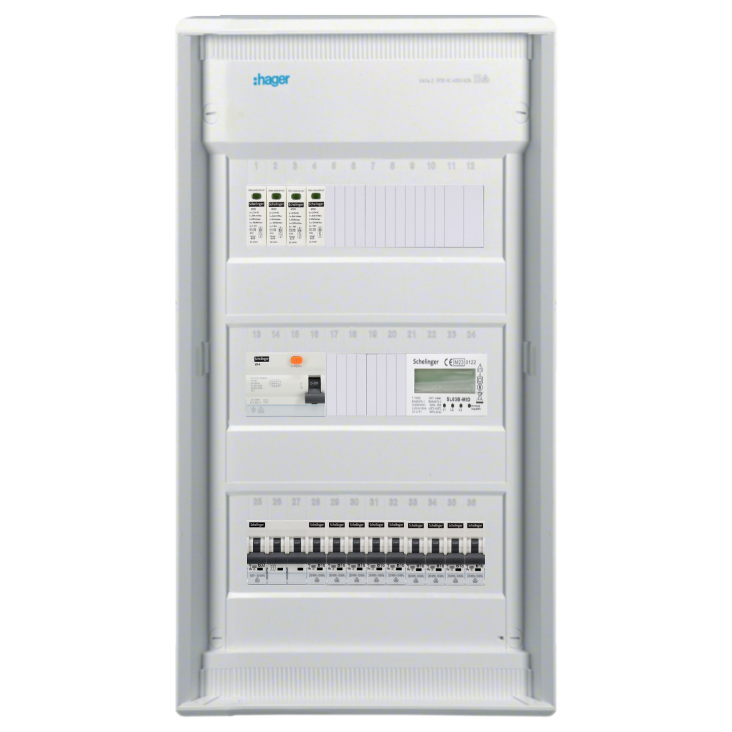 Sicherungskasten, 2,3,4,5 Reihig, Aufputz, Unterputz, Hohlwand, verdrahtet, VDE 1 x FI 40A/30mA + 1 x 3P LS B32  + 9 x 1P LS B16