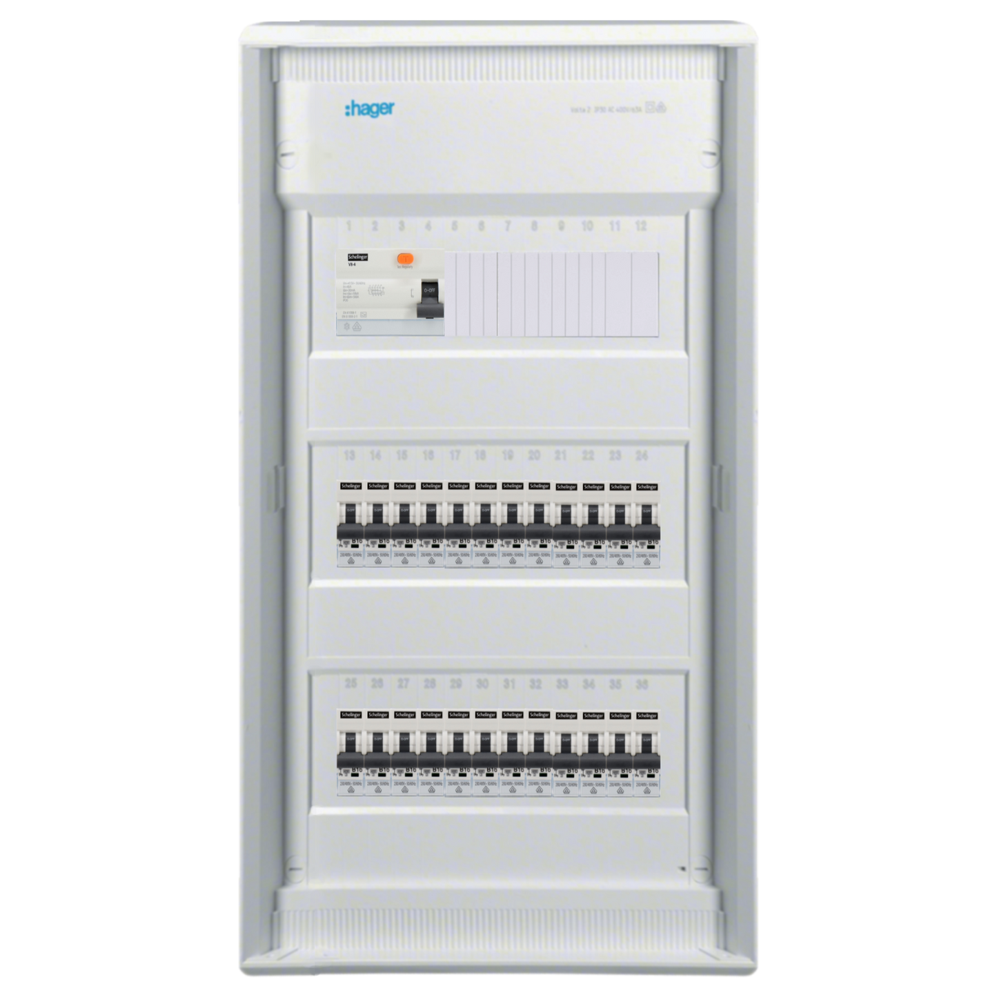 Sicherungskasten,3,4,5 Reihig, Aufputz, Unterputz, Hohlwand, verdrahtet, VDE 1 x FI 40A/30mA + 24 x 1P LS B16