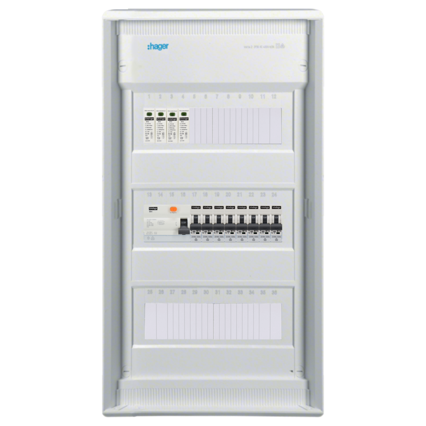 Sicherungskasten, 2,3,4,5 Reihig, Aufputz, Unterputz, Hohlwand, verdrahtet, VDE 1 x FI 40A/30mA + 8 x 1P LS B16