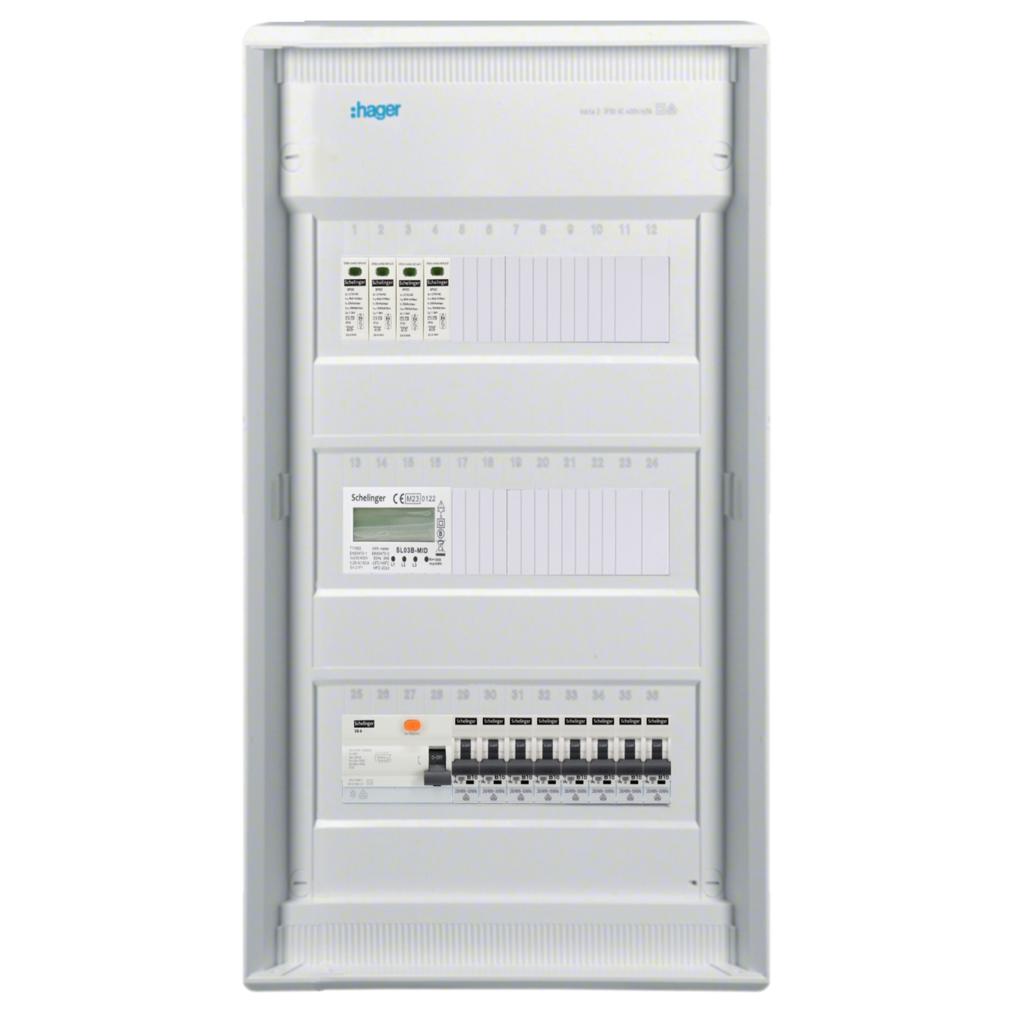 Sicherungskasten, 2,3,4,5 Reihig, Aufputz, Unterputz, Hohlwand, verdrahtet, VDE 1 x FI 40A/30mA + 8 x 1P LS B16