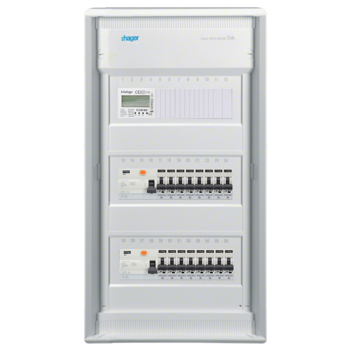 Sicherungskasten,3,4,5 Reihig, Aufputz, Unterputz, Hohlwand, verdrahtet, VDE 2 x FI 40A/30mA + 16 x 1P LS B16