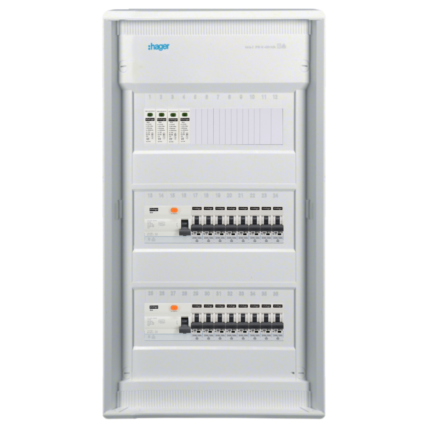 Sicherungskasten,3,4,5 Reihig, Aufputz, Unterputz, Hohlwand, verdrahtet, VDE 2 x FI 40A/30mA + 16 x 1P LS B16