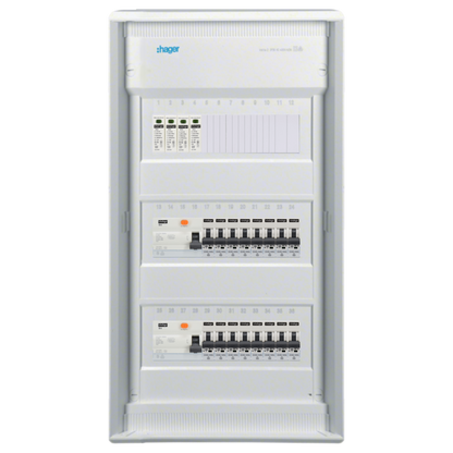 Sicherungskasten,3,4,5 Reihig, Aufputz, Unterputz, Hohlwand, verdrahtet, VDE 2 x FI 40A/30mA + 16 x 1P LS B16