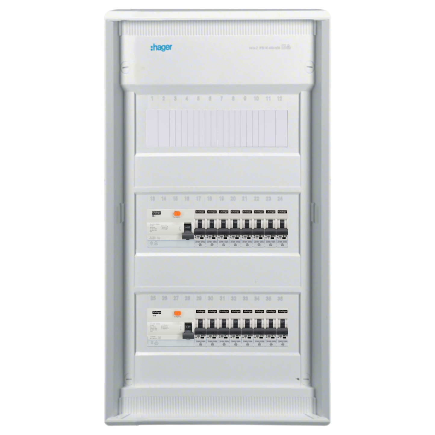 Sicherungskasten,3,4,5 Reihig, Aufputz, Unterputz, Hohlwand, verdrahtet, VDE 2 x FI 40A/30mA + 16 x 1P LS B16