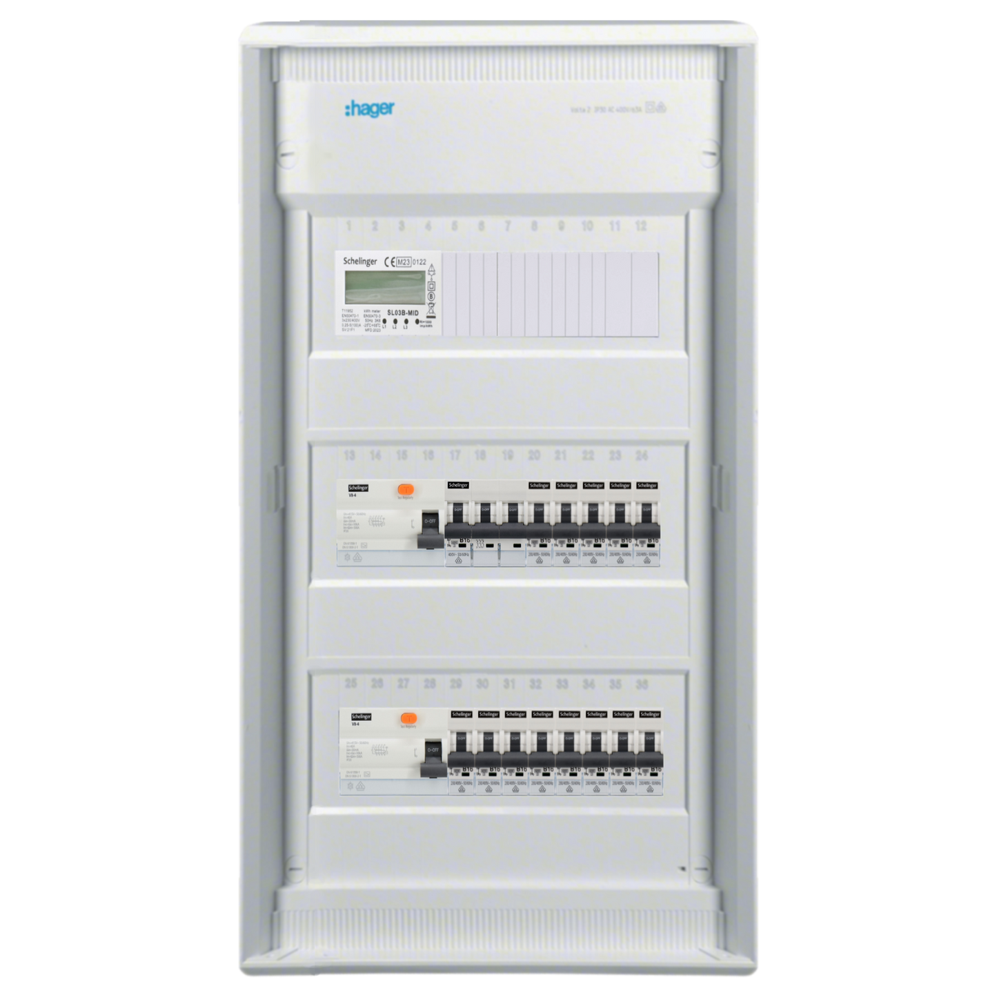 Sicherungskasten,3,4,5 Reihig, Aufputz, Unterputz, Hohlwand, verdrahtet, VDE 2 x FI 40A/30mA + 1 x 3P LS B16 + 13 x 1P LS B16