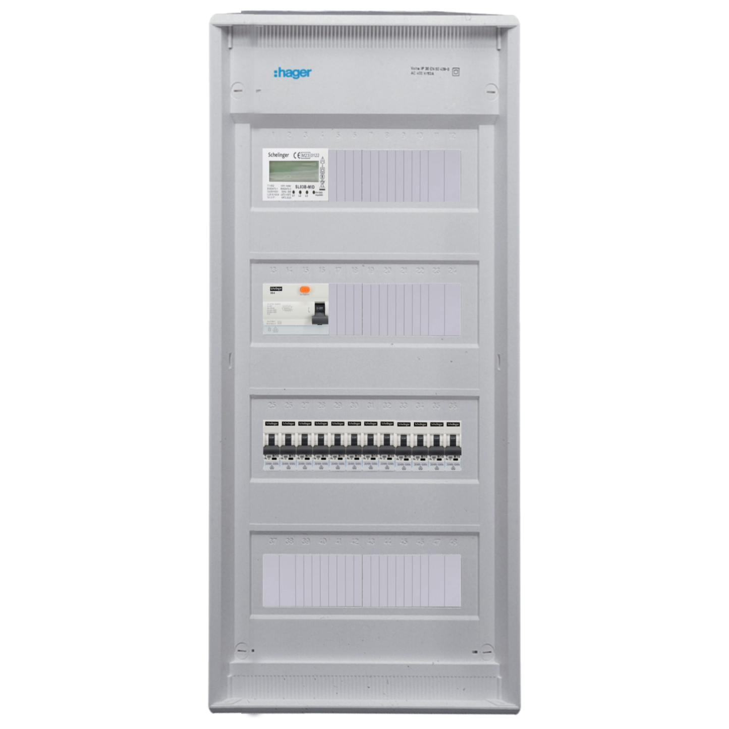 Sicherungskasten, 2,3,4,5 Reihig, Aufputz, Unterputz, Hohlwand, verdrahtet, VDE 1 x FI 40A/30mA + 12 x 1P LS B16