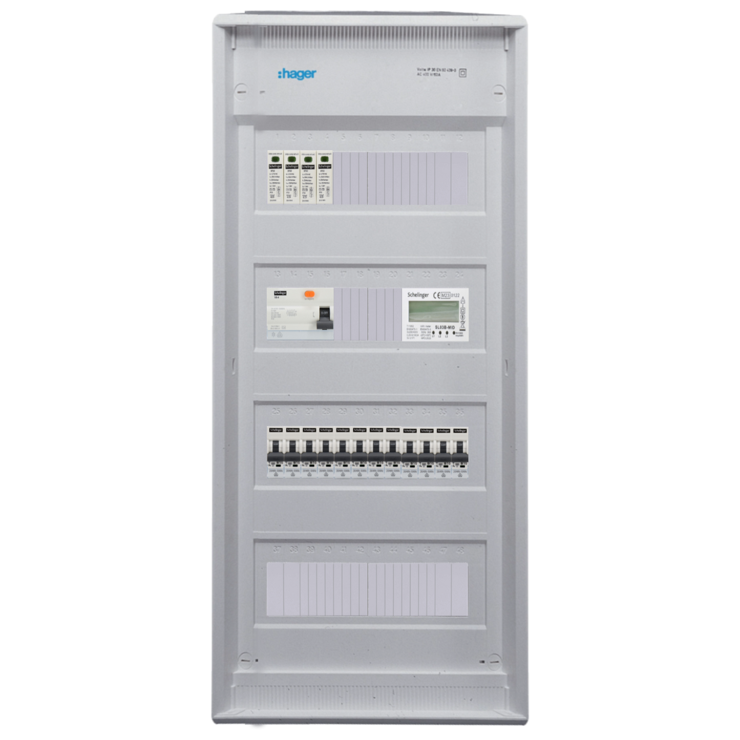 Sicherungskasten, 2,3,4,5 Reihig, Aufputz, Unterputz, Hohlwand, verdrahtet, VDE 1 x FI 40A/30mA + 12 x 1P LS B16