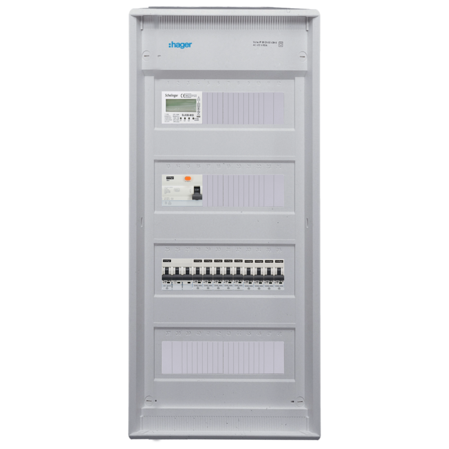 Sicherungskasten, 2,3,4,5 Reihig, Aufputz, Unterputz, Hohlwand, verdrahtet, VDE 1 x FI 40A/30mA + 1 x 3P LS B16  + 9 x 1P LS B16
