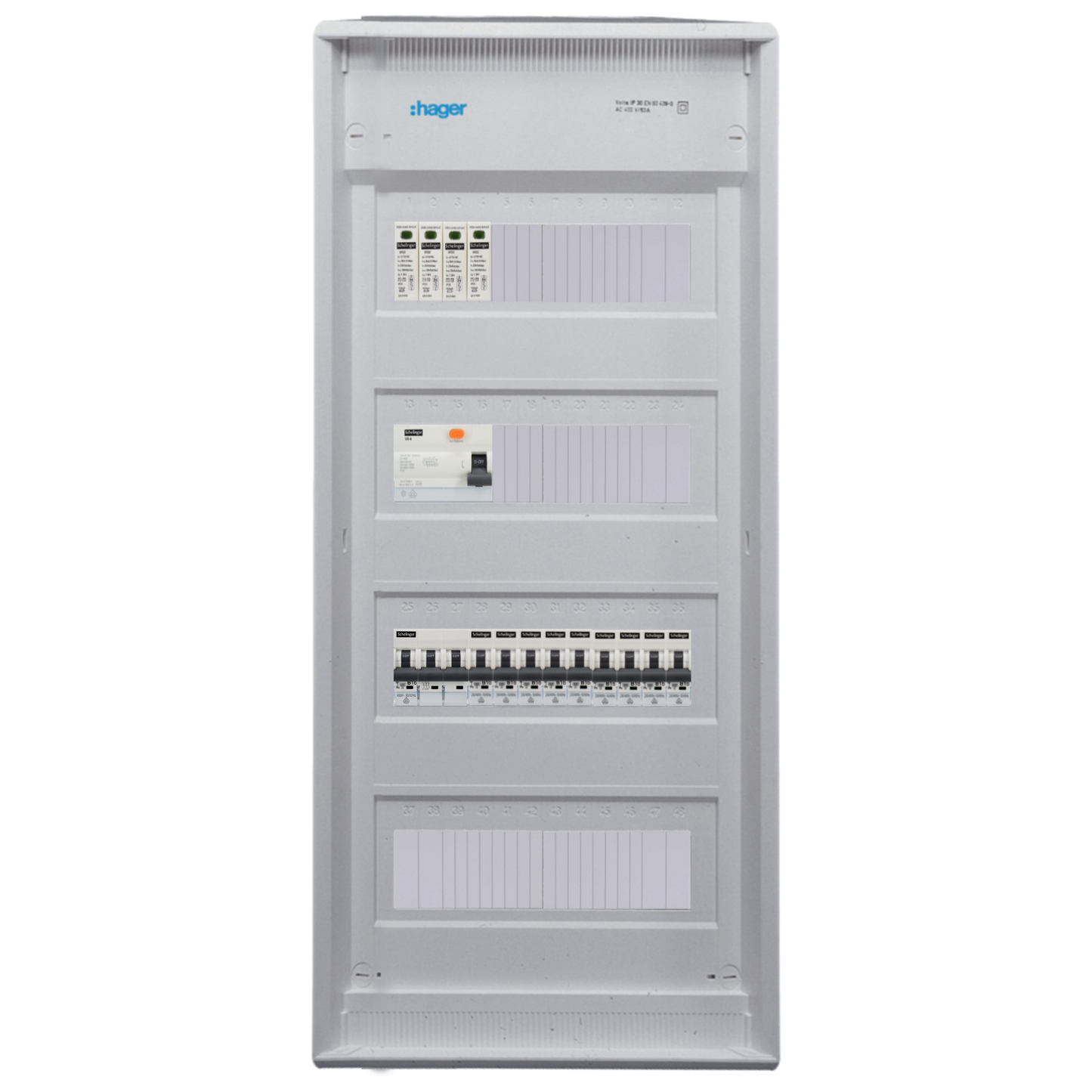 Sicherungskasten, 2,3,4,5 Reihig, Aufputz, Unterputz, Hohlwand, verdrahtet, VDE 1 x FI 40A/30mA + 1 x 3P LS B16  + 9 x 1P LS B16