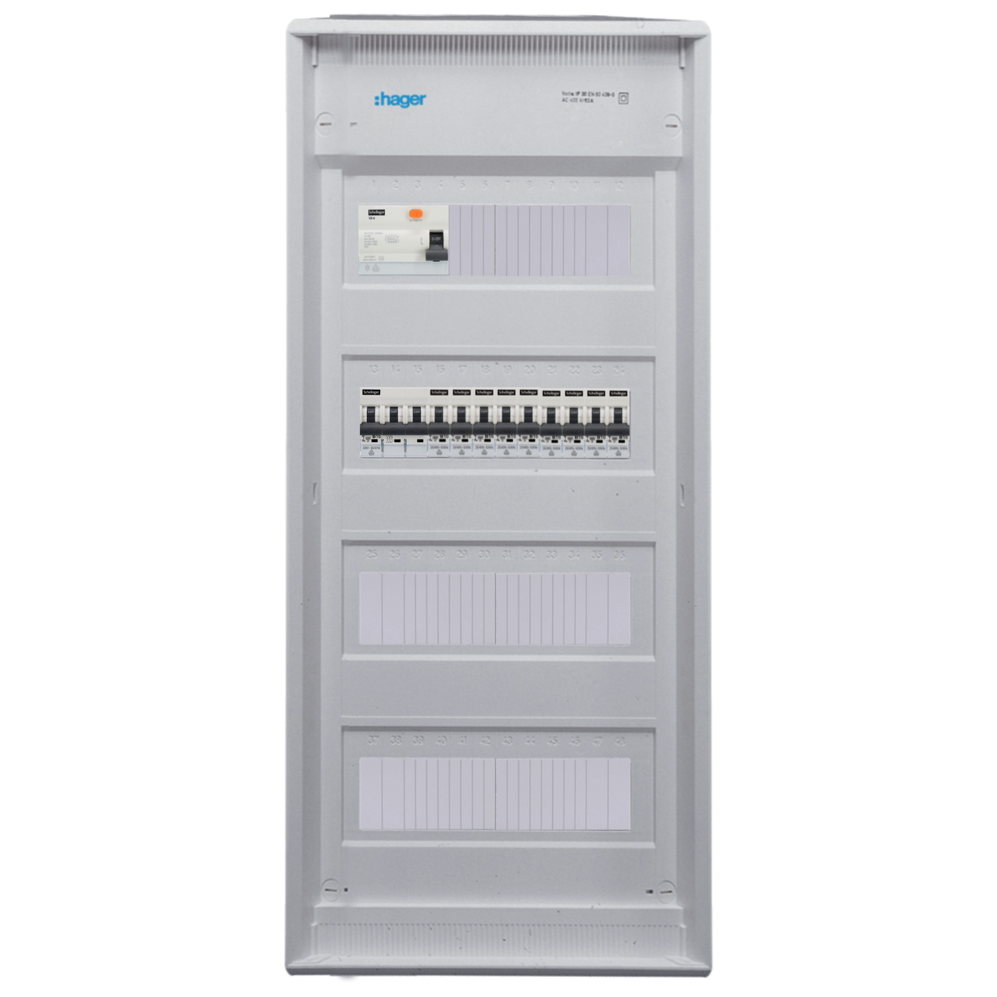 Sicherungskasten, 2,3,4,5 Reihig, Aufputz, Unterputz, Hohlwand, verdrahtet, VDE 1 x FI 40A/30mA + 1 x 3P LS B16  + 9 x 1P LS B16