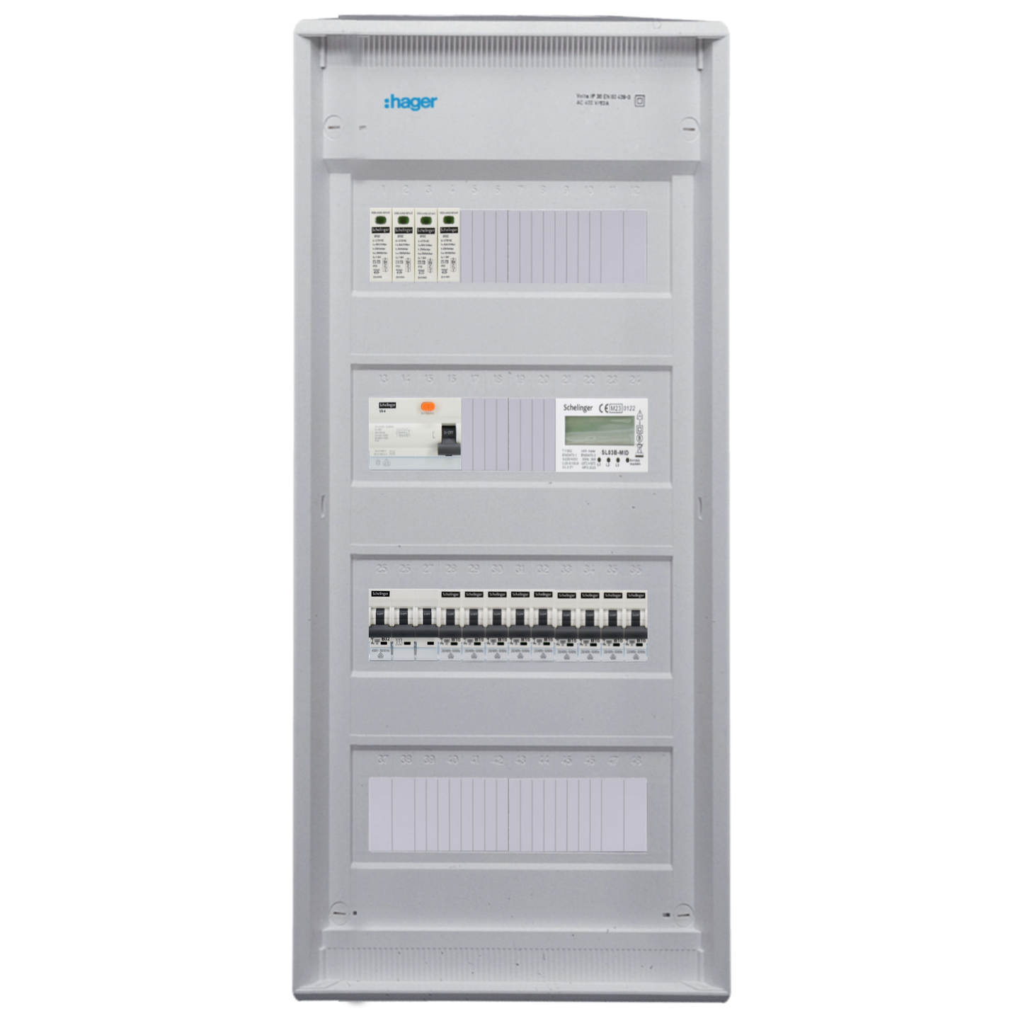 Sicherungskasten, 2,3,4,5 Reihig, Aufputz, Unterputz, Hohlwand, verdrahtet, VDE 1 x FI 40A/30mA + 1 x 3P LS B32  + 9 x 1P LS B16